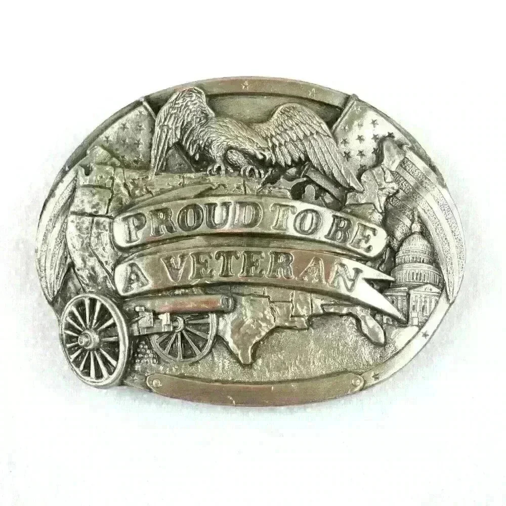 Vintage Belt Buckle Proud To Be A Veteran Bergamot Silver tone Metal USA 1983